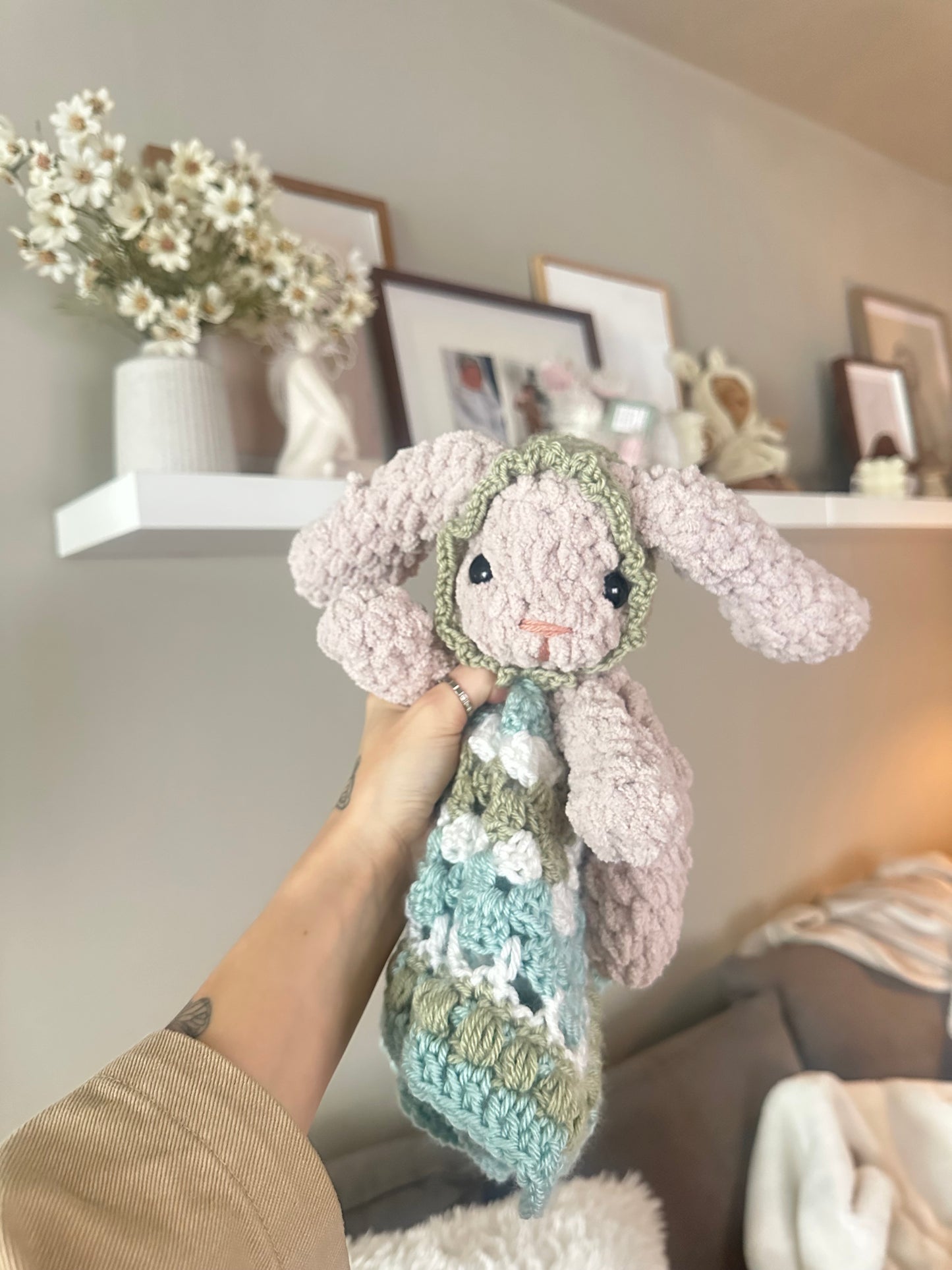 Crochet bunny with mini blanket and bonnet